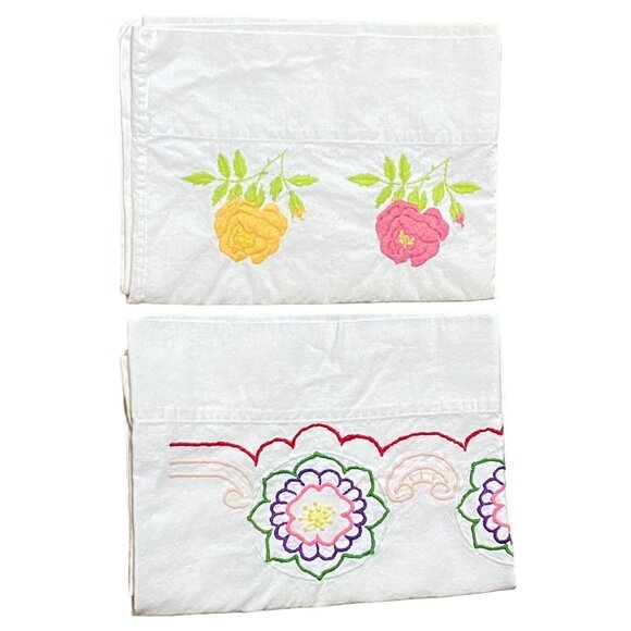 Unbranded Other - Vintage Embroidered Floral White Pillowcases 20 x 30 inches Mismatched Pair